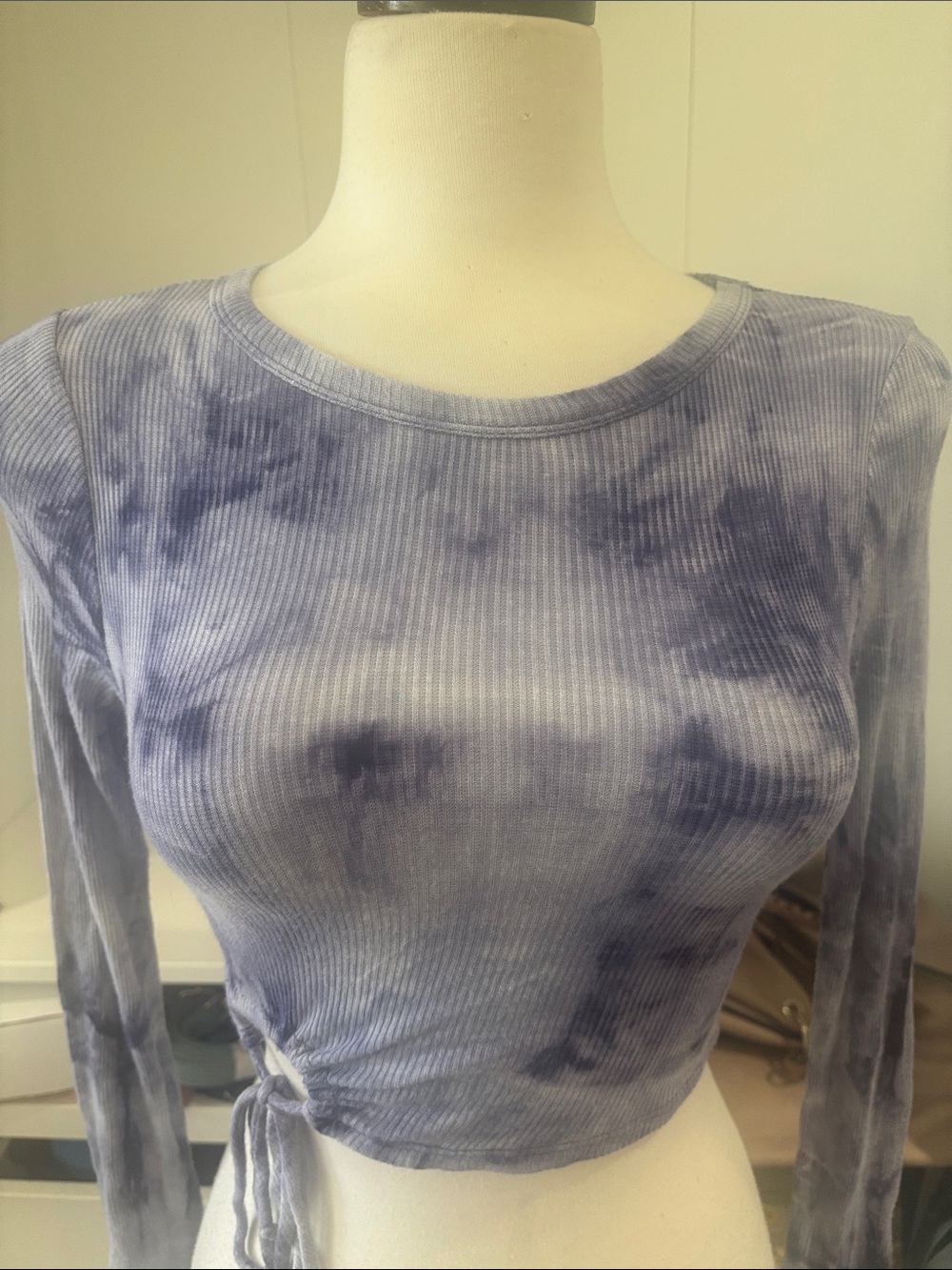 Blue Blush Girls' Blue Tie-Dye Ribbed Long Sleeve Top with Side Ruched Tie